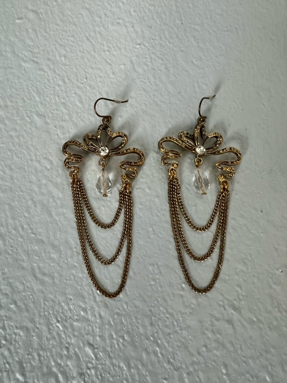 Banana Republic Gold Floral Dangle Earrings with Clear Teardrop